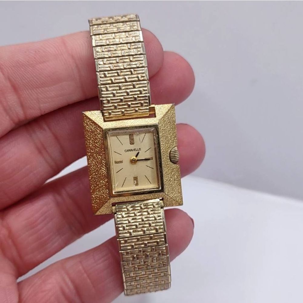 Caravelle Windup Gold Tone Rectangle Mechanical Women's Watch